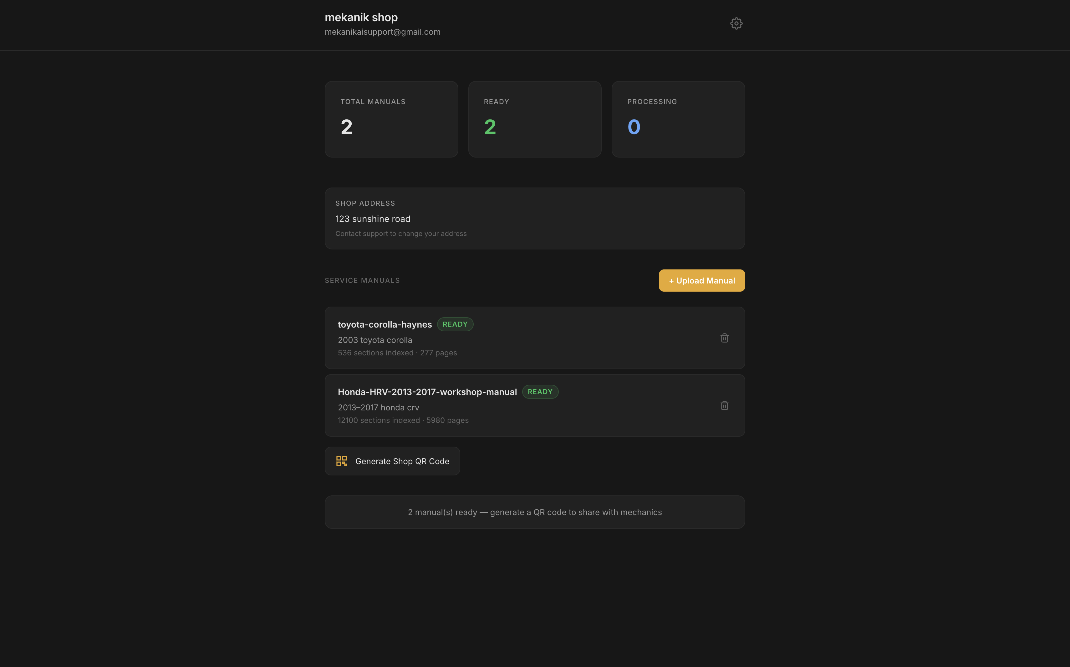 Mekanik shop dashboard